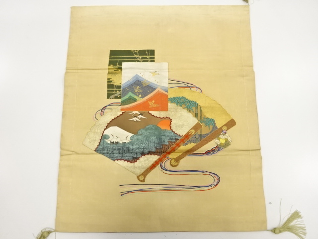 アンティーク　桧扇に松竹梅・鶴・波千鳥模様刺繍袱紗